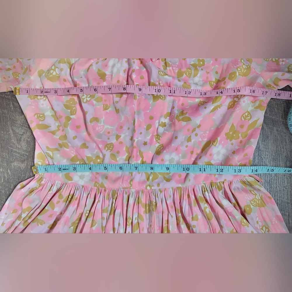 60s Vintg Midi Dress Womens 4 Pink Purple Tan Retro Floral Full Skirt Bow Detail - Picture 10 of 13